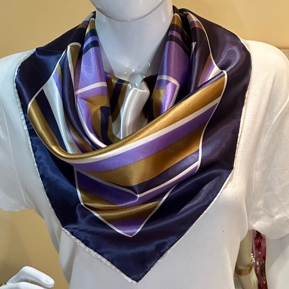 🌟HP🌟VTG 1980s Purple & Gold Acetate Geometric Patterned Scarf Japan - Picture 2 of 10